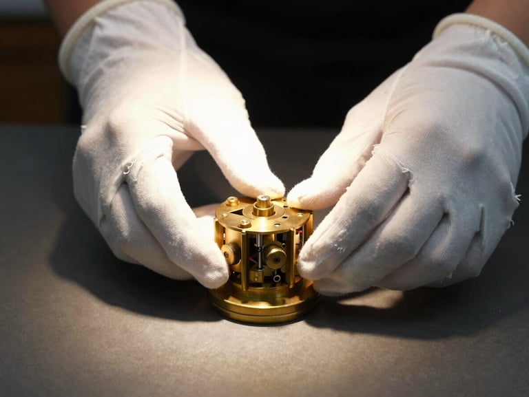 Close-up of hands in white cotton curatorial gloves carefully adjusting an intricate brass mechanical cylinder, single-source warm spotlighting casting deep shadows on a dark table.