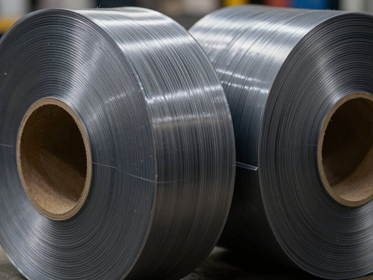 Close-up macro shot of industrial plastic film rolls, high-contrast warehouse lighting, showing the thick layered texture of polymers, deep gray and metallic tones.
