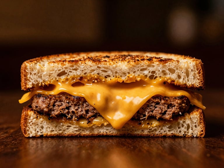 Close-up of a patty melt cut in half, gooey melted cheese, dark moody background with warm amber glow, 35mm lens