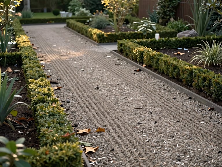 Wide garden after completed maintenance work, raked gravel path, trimmed borders, cleared debris, soft afternoon light from the left, no people