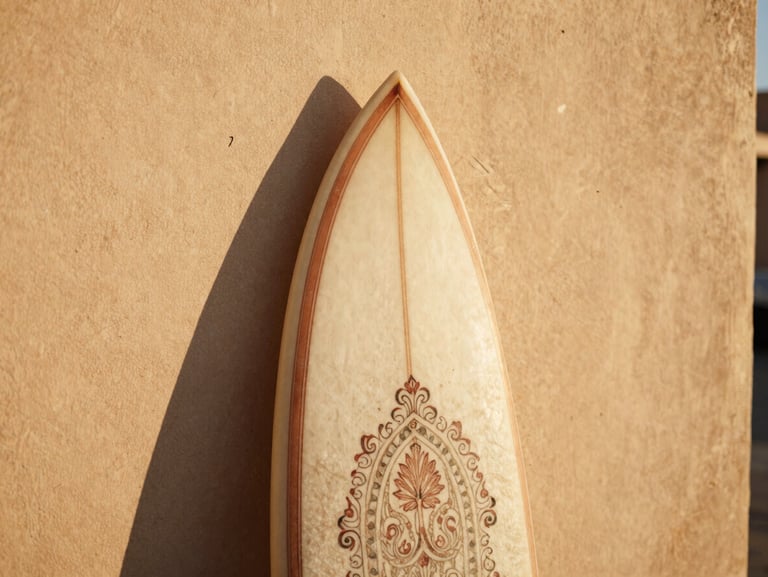 Close-up of a beautifully crafted Dynasty surfboard leaning against a textured warm beige plaster wall, warm Moroccan sunlight casting soft shadows, shallow depth of field, 35mm film