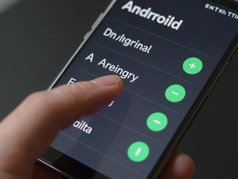 Macro close-up of a hand interacting with a sleek dark-mode system settings interface on an Android phone, showing sharp typography and tactile UI toggles, electric green accents.
