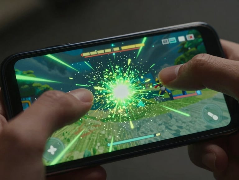 Extreme close-up of thumbs playing a fast-paced 2D physics game on a landscape Android phone, high-contrast electric green particles emitting from a collision point on screen, low-key lighting.
