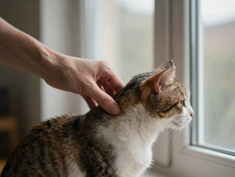 Warm editorial photography, soft natural window light, muted organic tones, candid and authentic, shallow depth of field. A close-up of a hand gently scratching a cat's neck near a sunlit window.