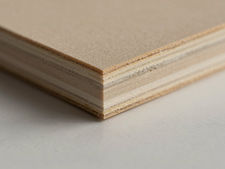 Close-up macro of a dcubics phenolic board cross-section edge, soft studio light revealing material layering and density, muted warm tones, no text or labels