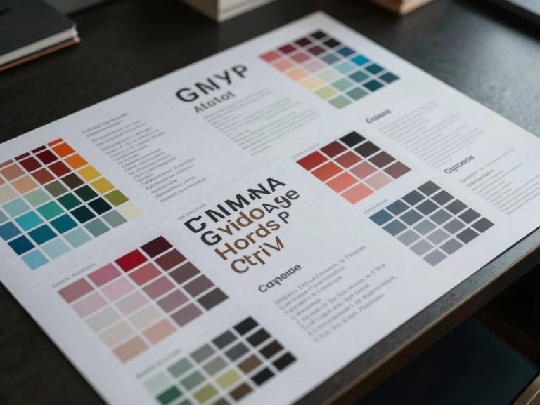 Overhead flat-lay of brand identity systems documentation spread on a dark desk — printed brand guidelines, color system swatches, typographic specimens arranged in precise geometric order, even cool studio lighting, no hands visible, no text legible, architectural and systematic composition
