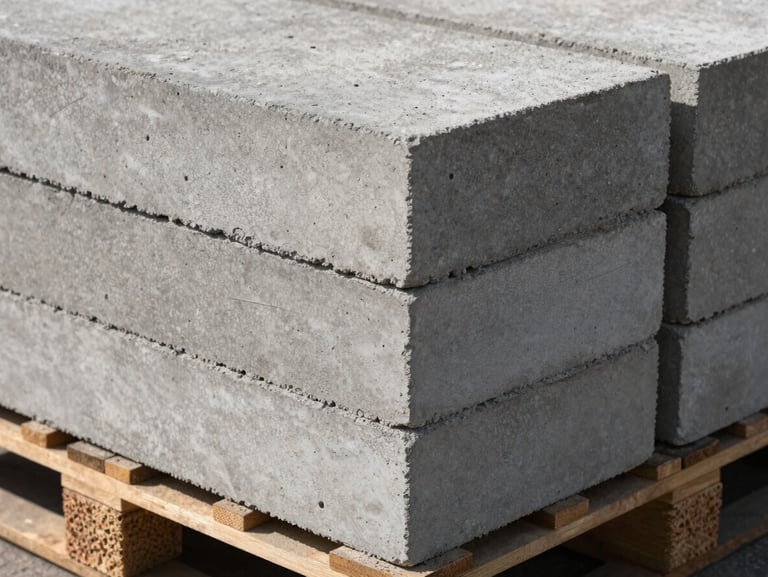 Macro texture shot of heavy concrete blocks stacked on pallets, showing dense grain and precise edges under harsh sunlight