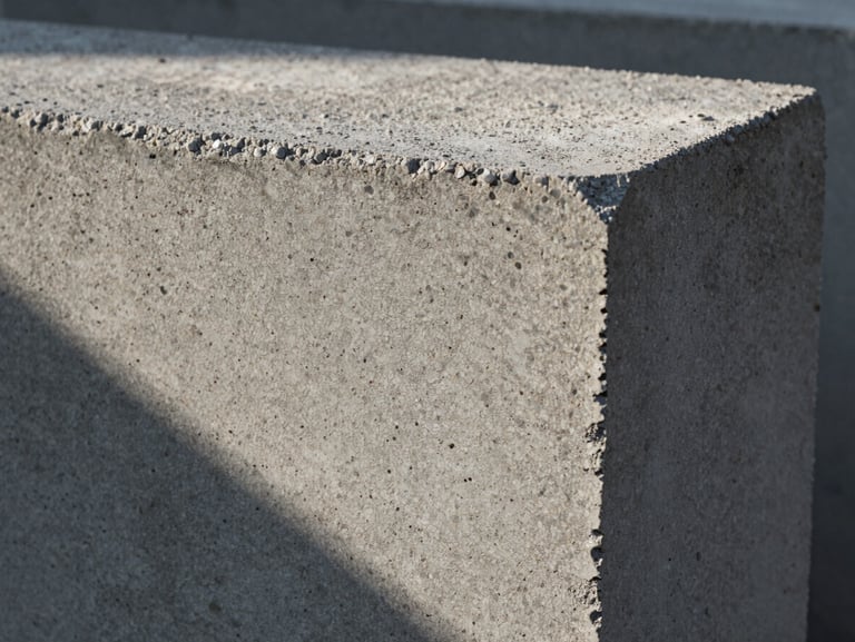 Macro texture of a solid concrete block showing dense aggregate composition, deep shadows cast by high-contrast early morning light.