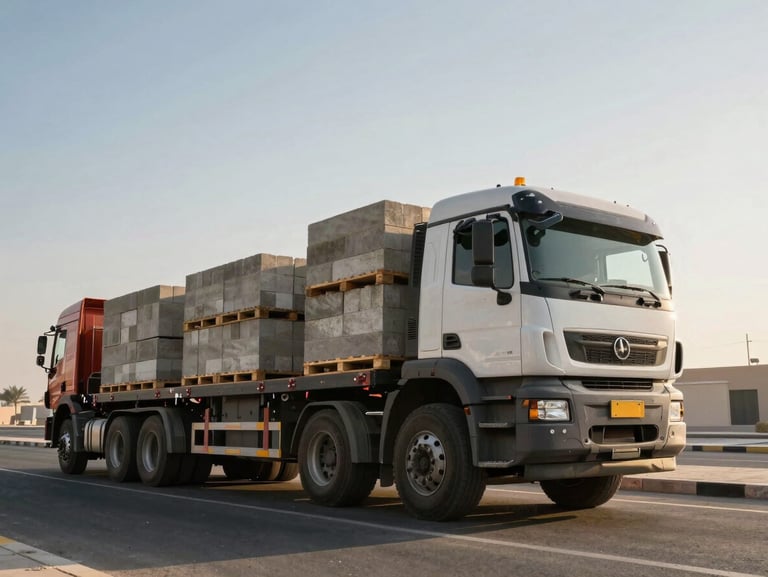 Low-angle wide shot of heavy flatbed trucks loaded with pallets of concrete blocks in the early morning Abu Dhabi sun, casting deep shadows.