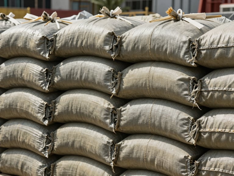 Close-up of double-stitched, UV-stabilized heavy-duty sandbags stacked on a construction site under direct sunlight