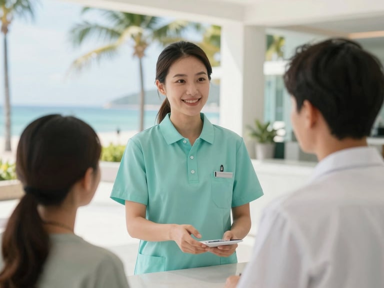 A warm, professional bilingual medical coordinator in a light teal polo, welcoming a patient at a modern tropical resort lobby, bright coastal daylight, soft focus