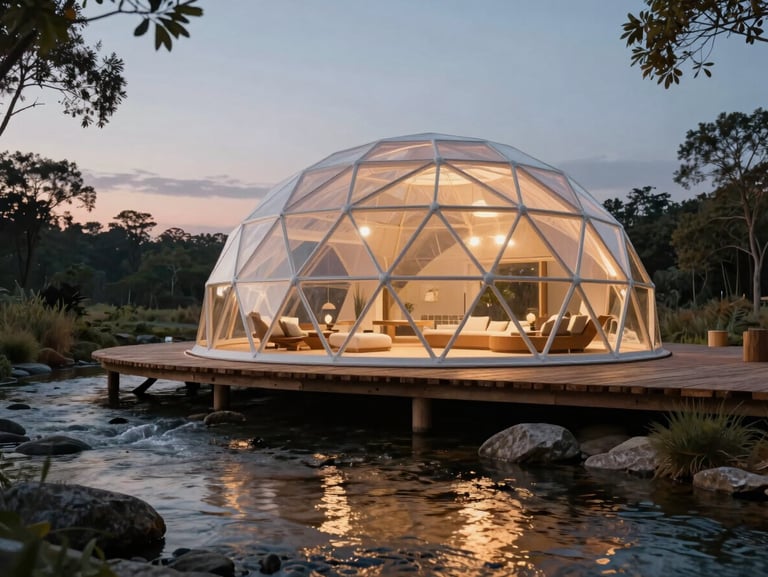 Architectural render of a luxury geodesic dome hovering on a timber platform above a pristine creek, warm interior light casting reflections on water, twilight.
