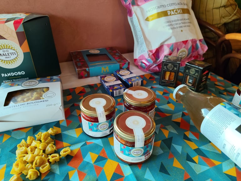 Gamma di prodotti Maletti 1867 tra pasta fresca, sughi, prosciutto cotto, tonno e specialità italiane.