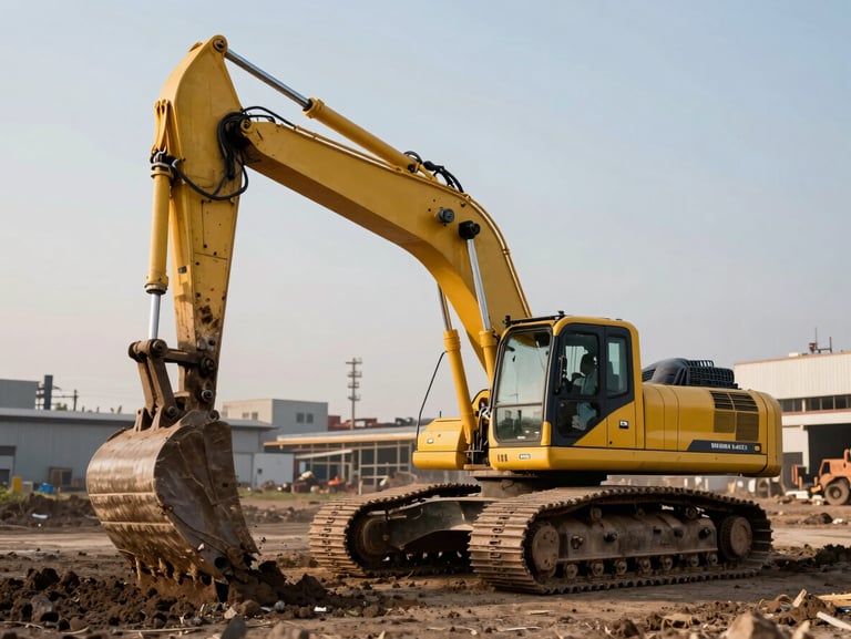 Wide shot of a tracked excavator mid-swing at a Nuevo León industrial site — boom fully extended, bucket loaded with dark earth, crawler tracks on compacted ground, harsh afternoon sun catching the yellow steel body, factory structures blurred in the background