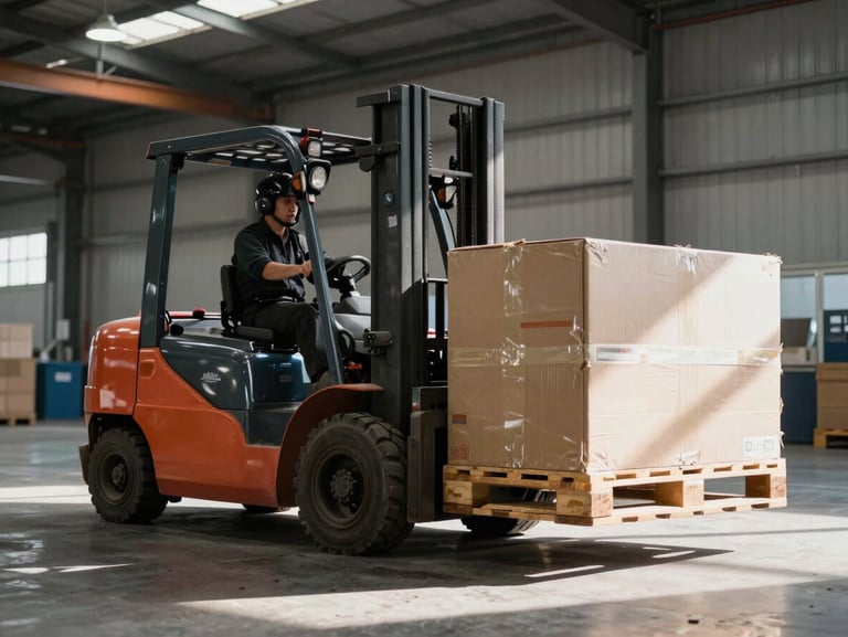 Wide shot of an industrial forklift moving a heavy pallet load inside a large warehouse, forks raised mid-lift, harsh overhead industrial lighting casting strong shadows on the concrete floor, operator at the wheel