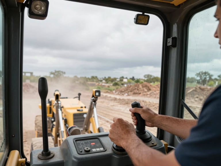 Close-up operator's-eye view inside a backhoe loader cab — hands on the joystick controls, hydraulic levers in foreground, dusty Nuevo León jobsite visible through the scratched windshield under overcast sky