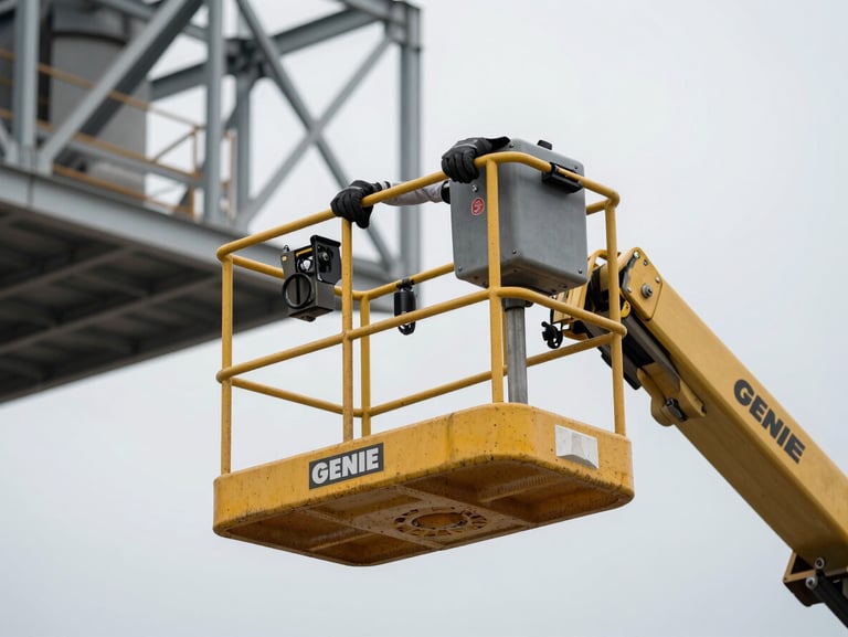 Close-up of an articulated Genie boom lift platform basket at height, operator's gloved hands on the control panel, industrial steel framework in background, overcast daylight, concrete and metal tones