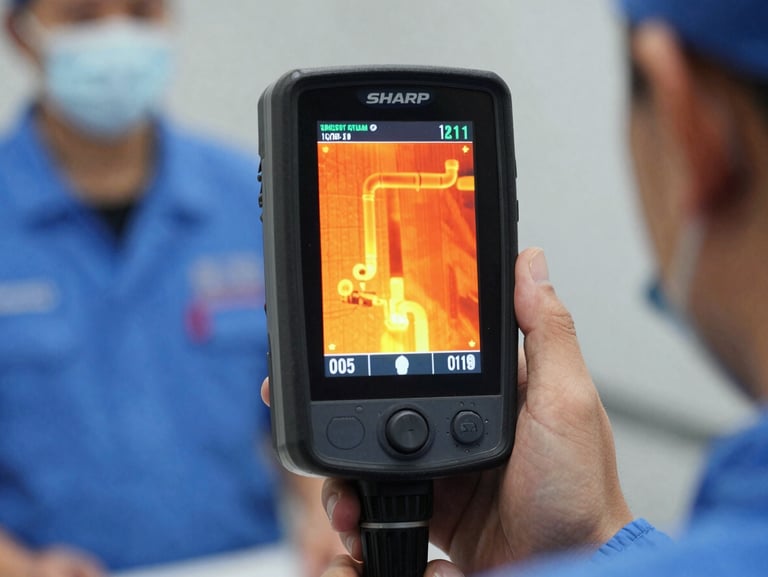 Sharp, centered macro shot of a thermal imaging camera screen displaying pipe heat signatures, bright clinical daylight, held by a technician in a clean blue uniform.