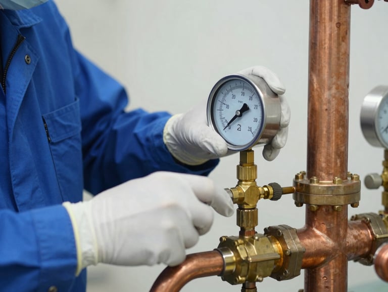 Close-up of a professional technician in clean blue uniform and protective gloves adjusting a polished brass pressure gauge on a copper manifold, bright clean daylight, clinical focus.