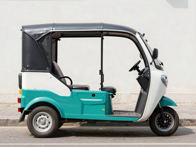Side profile of a clean electric passenger rickshaw, teal accents, parked on a clean paved urban street under bright sunlight.