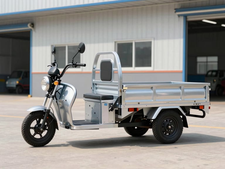 Three-quarter profile of a robust electric cargo rickshaw with a spacious rear metal loader bed, parked in a bright warehouse loading dock, daylight.