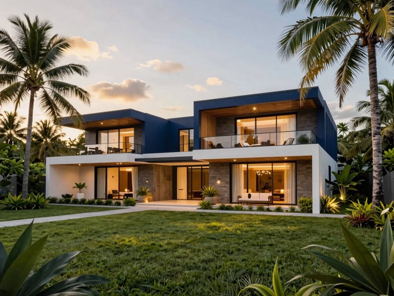 Architectural rendering of a modern tropical villa in Davao, lush emerald landscaping, warm evening lights