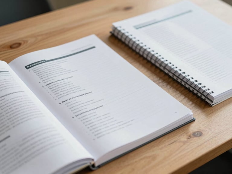 Close-up of structured physical workbooks and course syllabus materials laid out on a clean wooden table, bright natural daylight, sharp focus on typography.