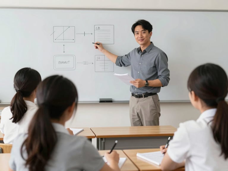 A bright classroom setting where an instructor stands by a whiteboard with clean diagrams, students taking notes in printed workbooks.