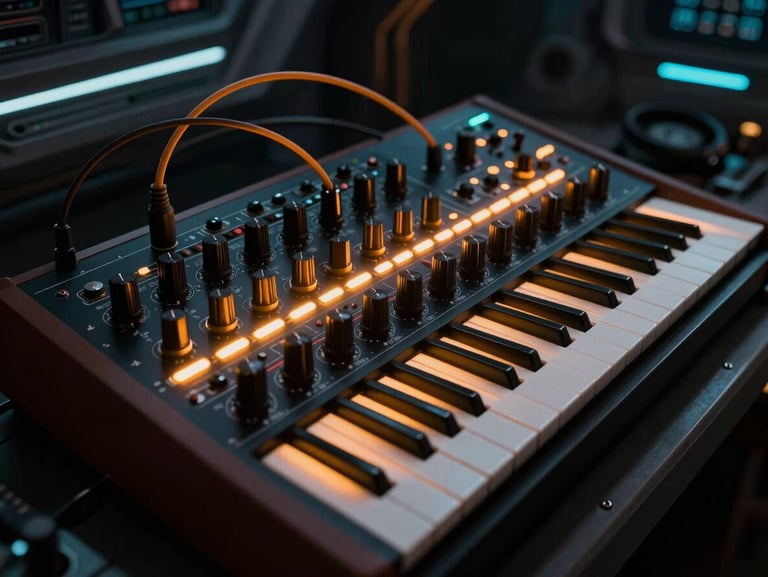 Low-angle heroic shot of modular synthesizer hardware with glowing amber patch cables in a dark starship cockpit, anamorphic lens, high-contrast, cinematic photography