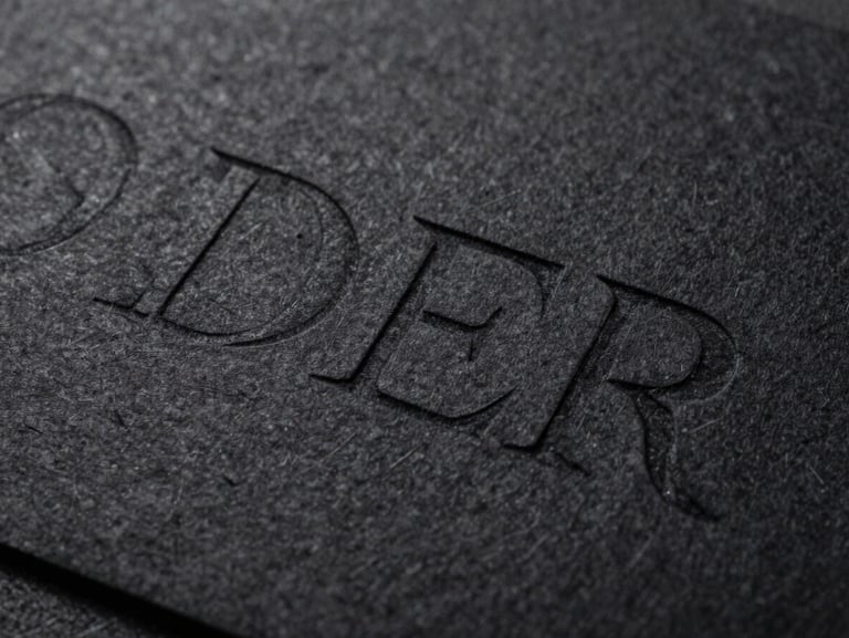 Macro crop of debossed serif typography on heavy textured black cotton cardstock, hard directional key light, deep shadows.