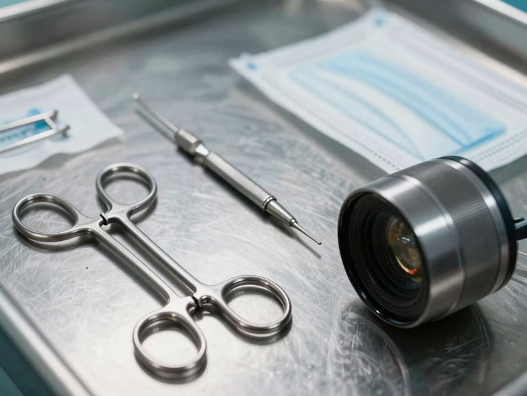 Close-up of surgical instruments and sterile medical device packaging on a clinical-grade steel surface, studio strobe, sharp detail on stainless steel, deep shadow surround