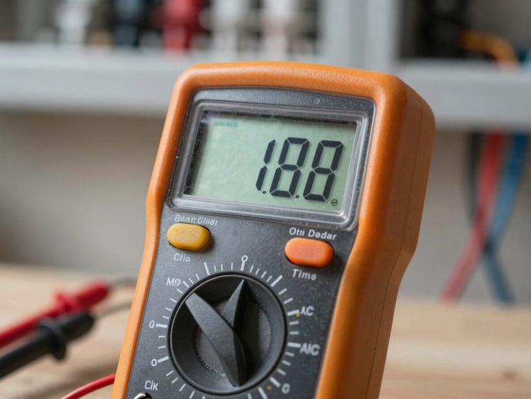 Close-up of a digital multimeter measuring voltage in a residential electrical installation, sharp focus, technical utility style