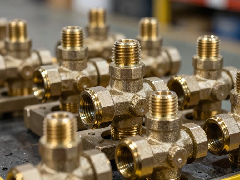 Extreme close-up of heavy-duty threaded brass valves stacked neatly in a warehouse, high-contrast industrial lighting reflecting off the metallic surfaces, shallow depth of field.