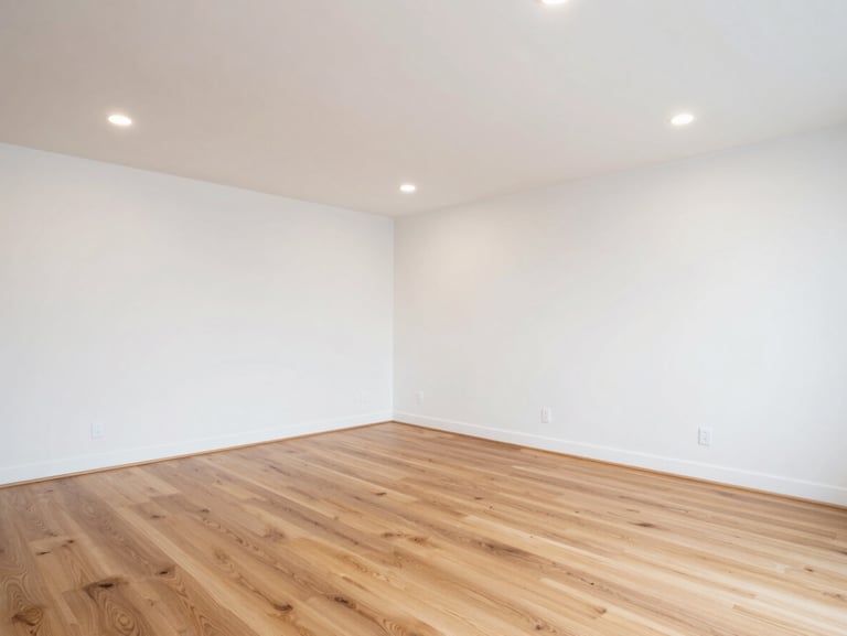 Bright modern finished basement with clean sheetrock walls, recessed lighting, and premium hardwood flooring, crisp focus