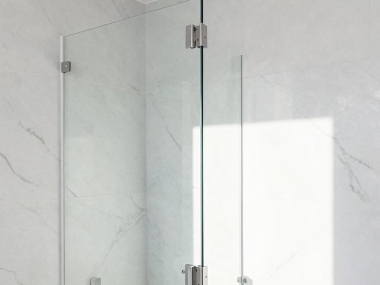 Bright architectural detail of a newly remodeled luxury bathroom, white marble tiles, clean glass door, bright natural daylight