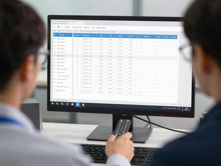 A professional remote specialist in a focused, well-lit environment, bright daylight, over-the-shoulder view looking at clean spreadsheets on a monitor.