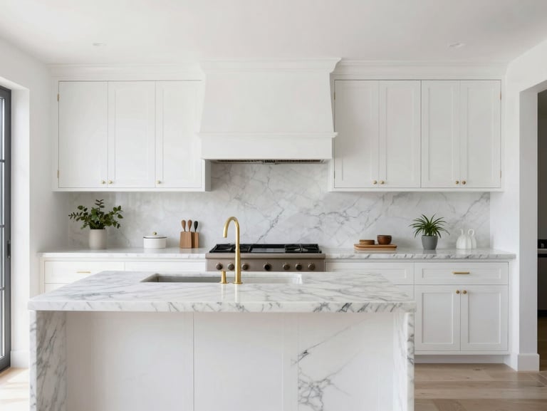 High-end modern kitchen with custom white oak cabinetry, bookmatched marble island, minimalist brass fixtures, bright daylight