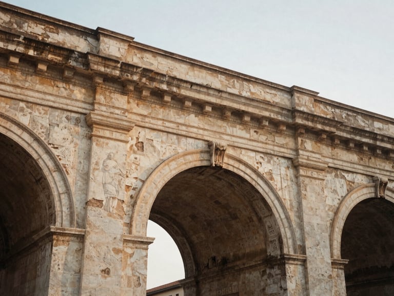 Quiet architectural detail of a weathered Roman archway in Trieste, soft diffused overcast daylight, muted earth tones, 35mm film.