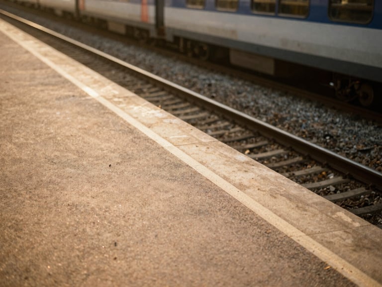 An empty train platform along a regional line in southern France, soft golden hour light, warm sand tones.