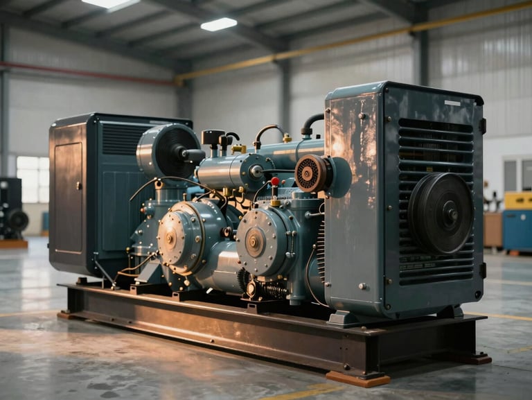 A heavy-duty industrial generator set in a clean modern warehouse, warm ambient glow bouncing off the metal chassis