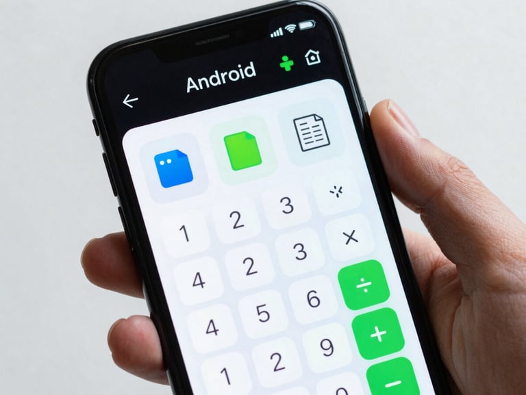 A close-up of a hand holding an Android phone showing a clean, high-contrast calculator and file manager interface with sharp neon green accents.