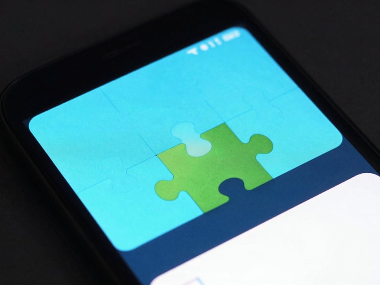 A crisp digital mockup of a minimalist puzzle game on an Android screen, featuring vibrant cyan vector shapes against a deep dark background.