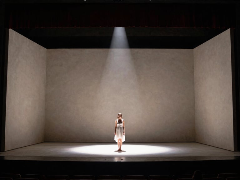 Wide production still of a minimalist plaster theatre stage, a single female performer standing in a dramatic shaft of light, deep shadows.