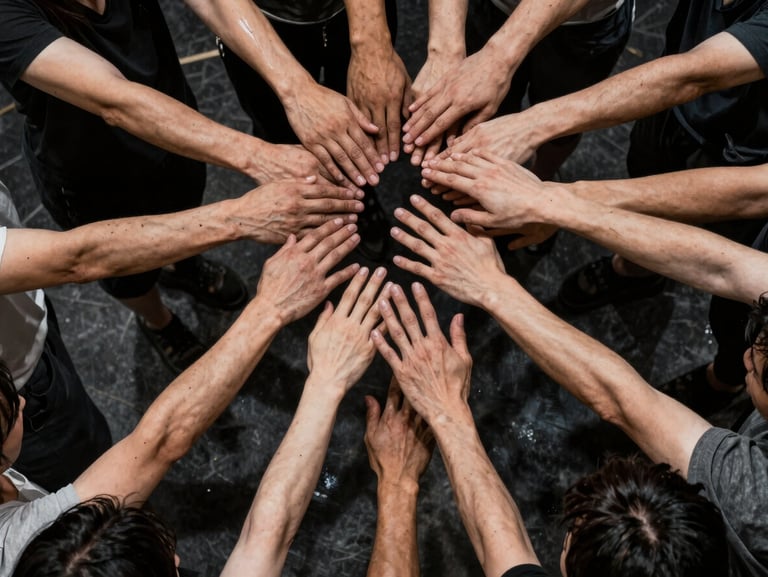 High-contrast rehearsal photo of an ensemble of actors in a tight physical composition, hands reaching upward, raw charcoal tones.