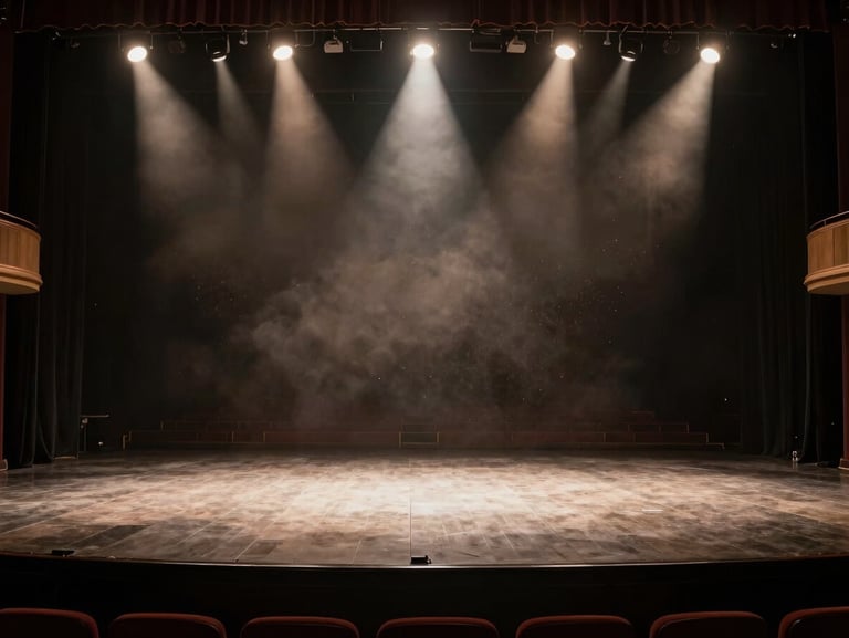 Wide environmental shot of an empty theatre stage with dramatic overhead spotlighting, dust particles visible in the air, dark background