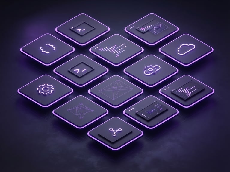 Sleek 3D user interface render of a developer's portfolio project gallery, showing minimalist cards with glowing purple borders