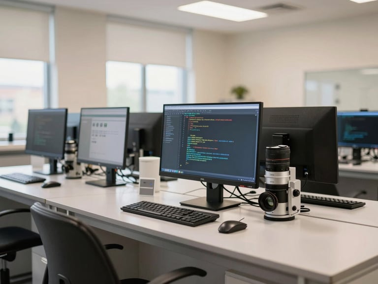 A clean modern technology lab with computer screens showing code, bright professional lighting, soft warm tones, 35mm lens