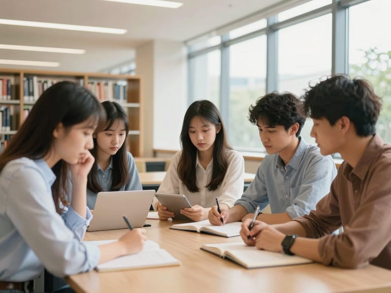 A group of focused young students collaborating around a table in a modern university library, natural daylight, warm tones, 35mm lens