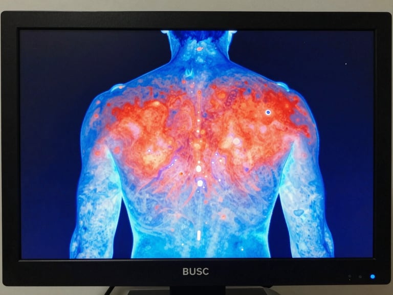 Thermography thermal imaging result of a human back displayed on a clinical workstation screen, blue-to-red infrared gradient revealing asymmetric inflammation zones, clean shadowless studio light, no patient face visible, anatomically precise framing