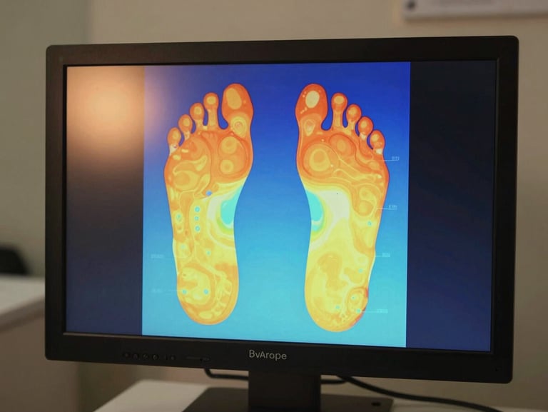 Baropodometry footprint scan displayed on a clinical monitor screen, warm-to-cool pressure gradient colormap showing weight distribution across the plantar surface, soft studio light reflecting off the screen, no patient visible, environmental treatment-room context